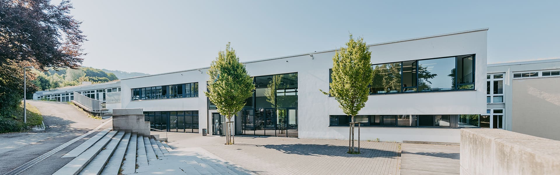 Leerer Schulhof mit zwei grünen Bäumen vor einem modernen zweistöckigem Schulgebäude