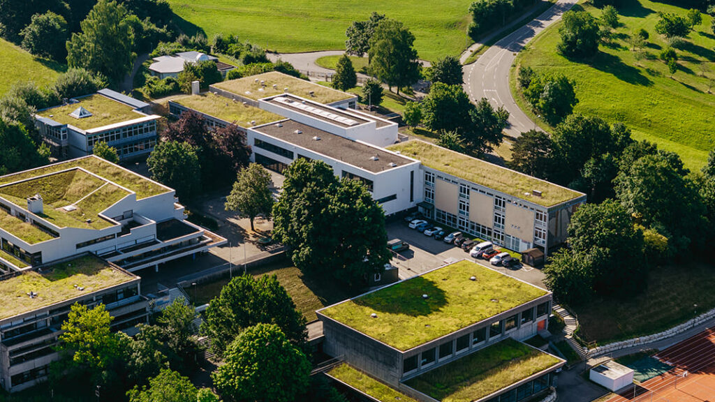 Luftaufnahme des Schulgebäudekomplexes der Messelbergschule mit begrünten Flachdächern, umgeben von Bäumen und einer angrenzenden Straße.
