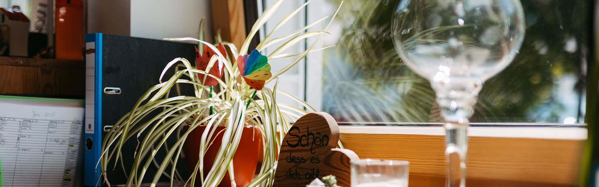 Zimmerpflanze mit bunter Dekorations und einem Holzherz vor Fenster mit Blick ins Grüne