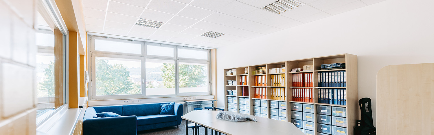 Helles Büro mit großen Fenstern, blauer Sofaecke und Wandregal mit Ordnern